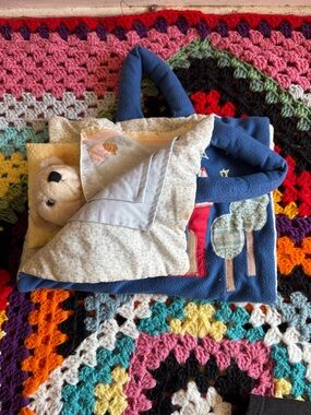 Vintage Plush Bear Blanket Tote in Blue with Soft Yellow Pillow
